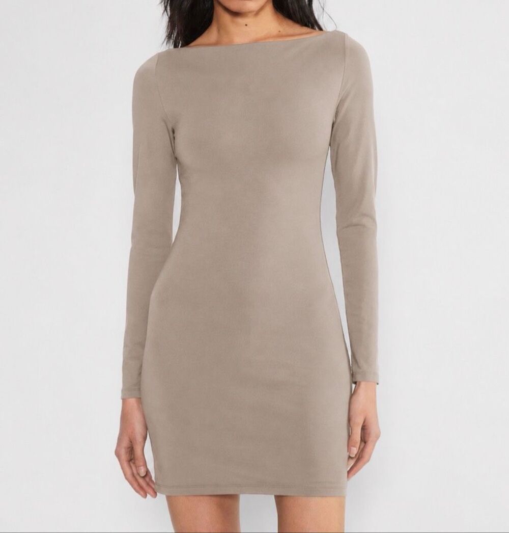 Aritzia Contour Collide Boatneck Long Sleeve Mini Dress Tan XL NEW